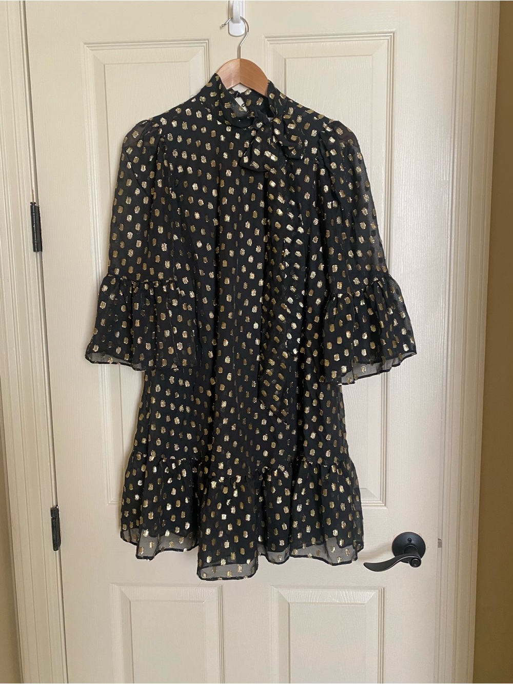 Calvin Klein Black Dress with Gold Dot Tie-Neck